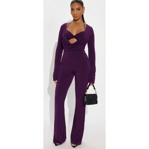 NWT Fashion Nova Thalia Jumpsuit‎ Womens Medium Plum Cowl Neck Long Sleeve